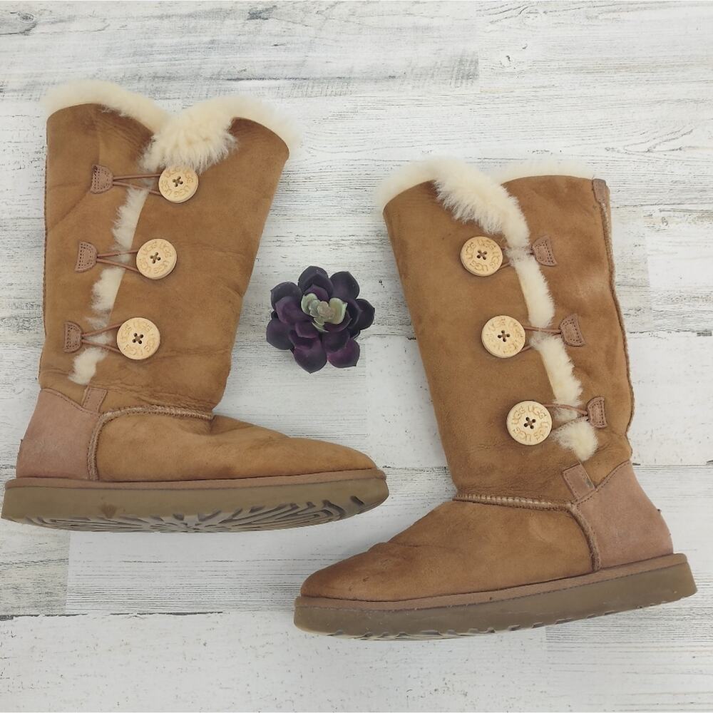 Ugg Bailey Button Three Cognac Suede Leather Sherpa Lined Knee High Size 7